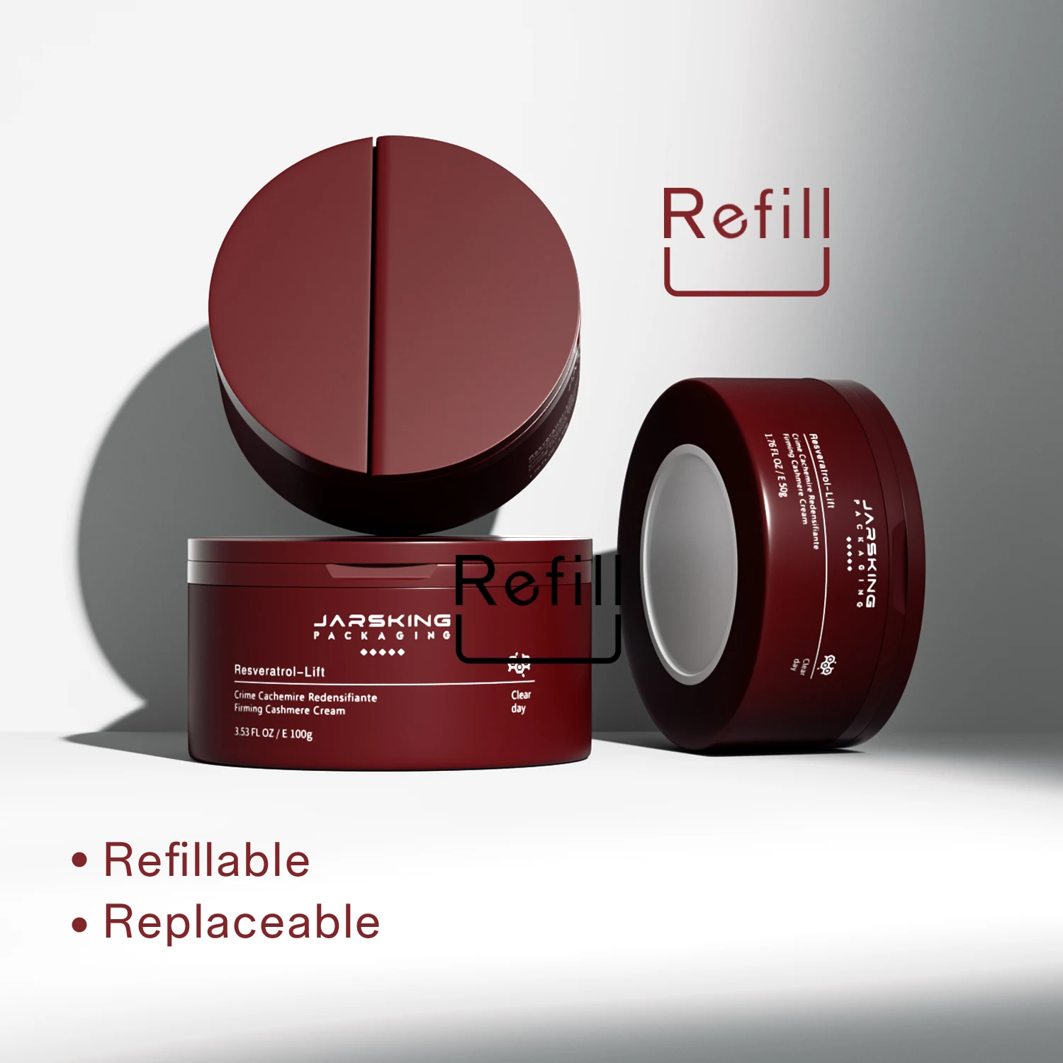 Refillable skincare packaging container 50ml 100ml wide mouth eco friendly beautiful plastic cosmetic cream jar with spoon