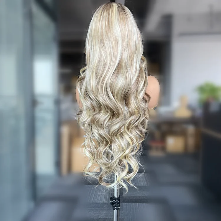 Long blonde wig Wave 13x4 heat resistant synthetic lace front wig curtain fringe