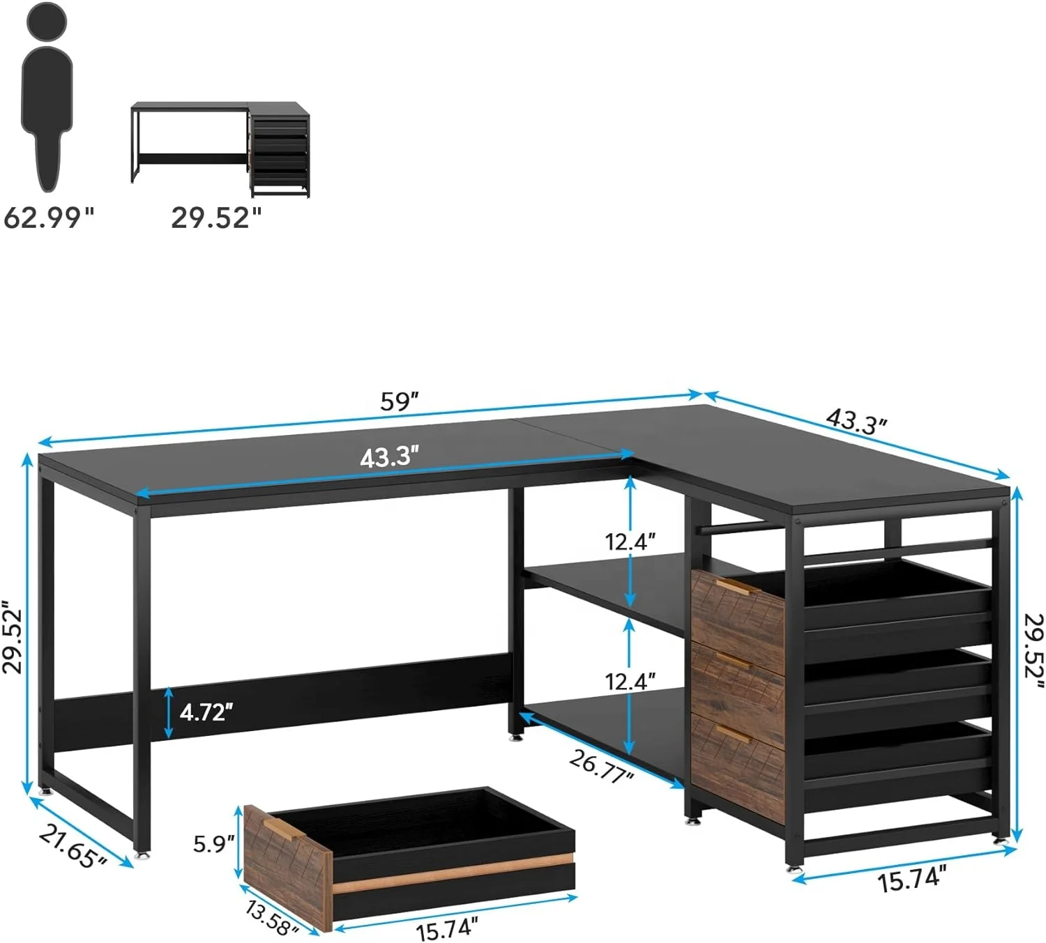 Tribesigns L Shaped Computer Desk with Storage Drawers, 59 Inch Corner Desk with Shelves