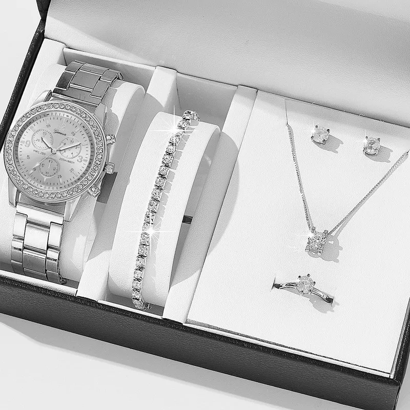 5PCS Set Luxury Watch Women Ring Necklace Earring Rhinestone Wristwatch Casual Ladies Watches Bracelet Set Without Box