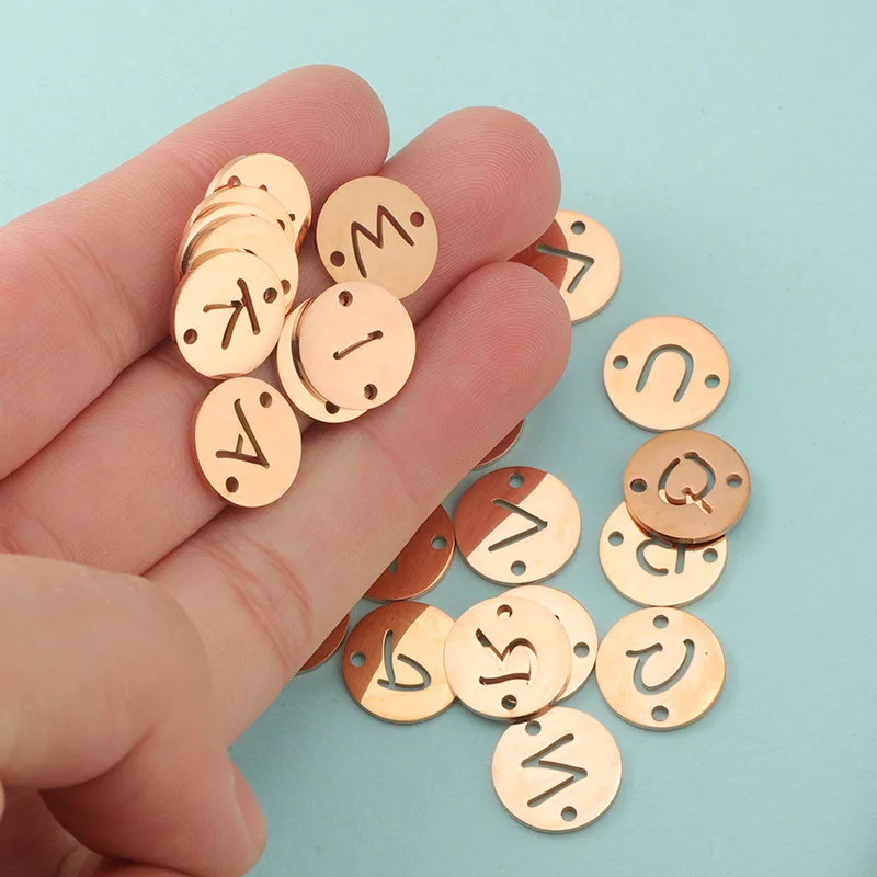 13mm Round Stainless Steel Hollow 26 English Letter Pendant With Double Hole Creative Filigree Connector DIY Jewelry Accessories