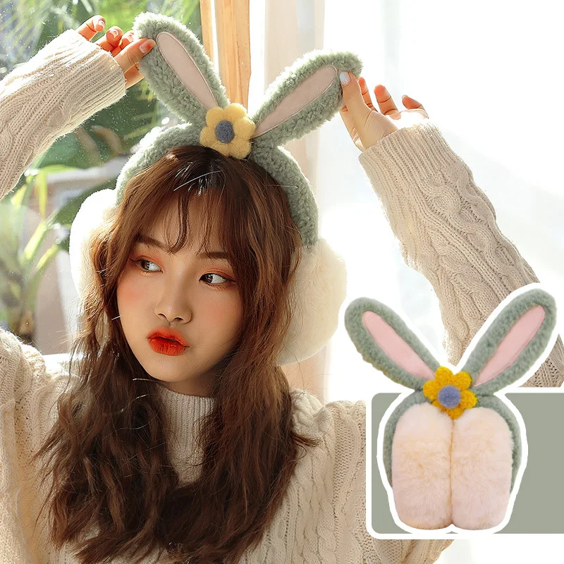 Rabbit Ear Design Faux Fur ear muffin High Quality Winter Outing Bunny Ear Cover Foldable Fur Earmuffs