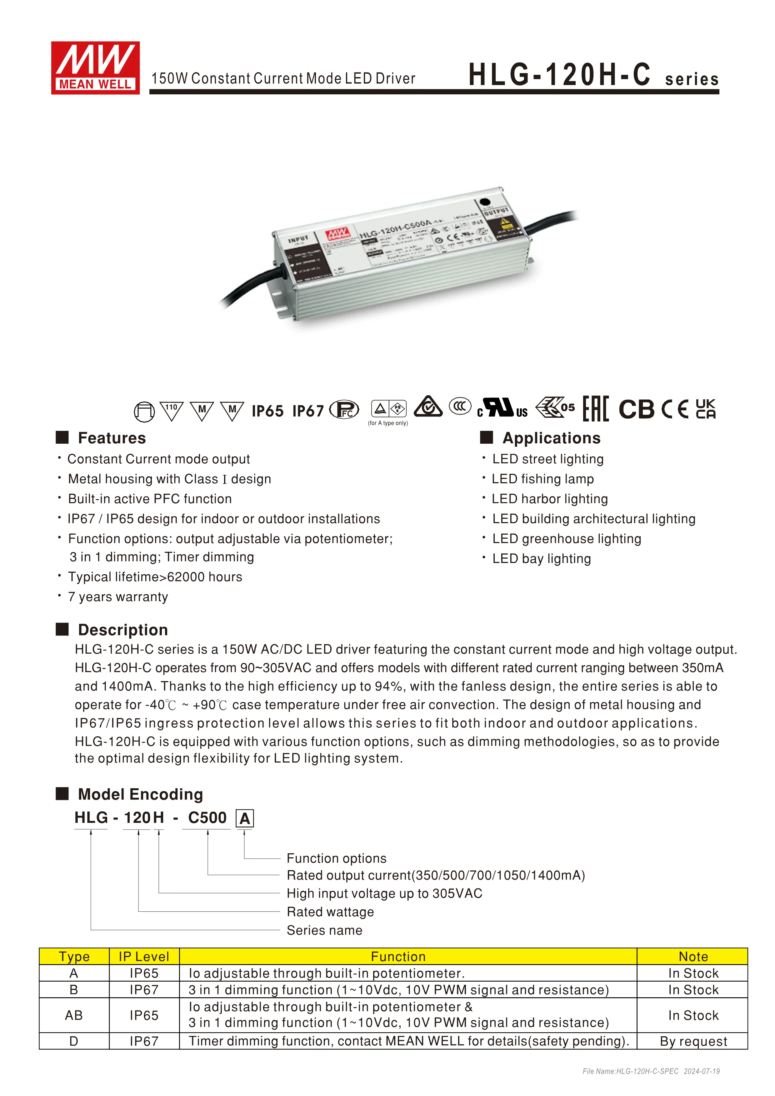 Meanwell HLG 120H 350A 150W Constant Current Mode LED Driver IP65 waterproof Power Supply HLG-120H-C350A Mean Well