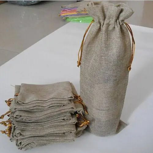 Eco Friendly High Quality Drawstring Burlap Plain Jute Wine Bottle Pouch Bags With Custom Design Size and Color