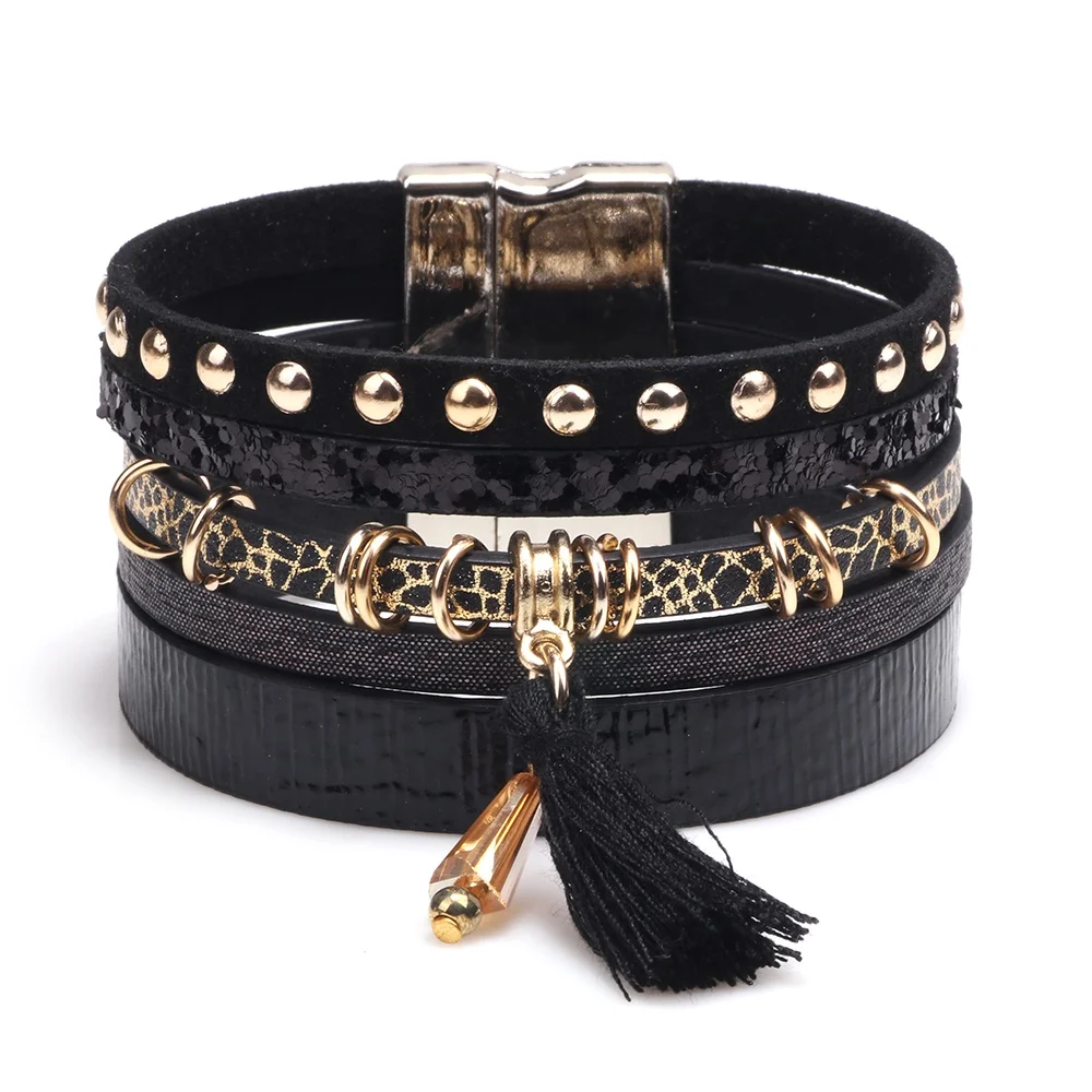 Bohemian style Mul magnetic snap PU leather rope handwoven bracelet with tassel pendant