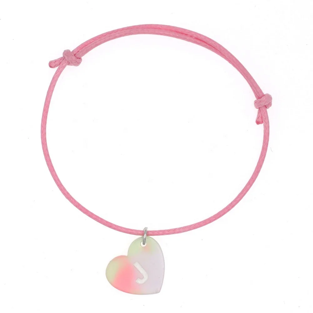 
Personalized custom alphabet letterr bangle wholesale initial acrylic heart pendant wax cotton cord pink red string bracelet 