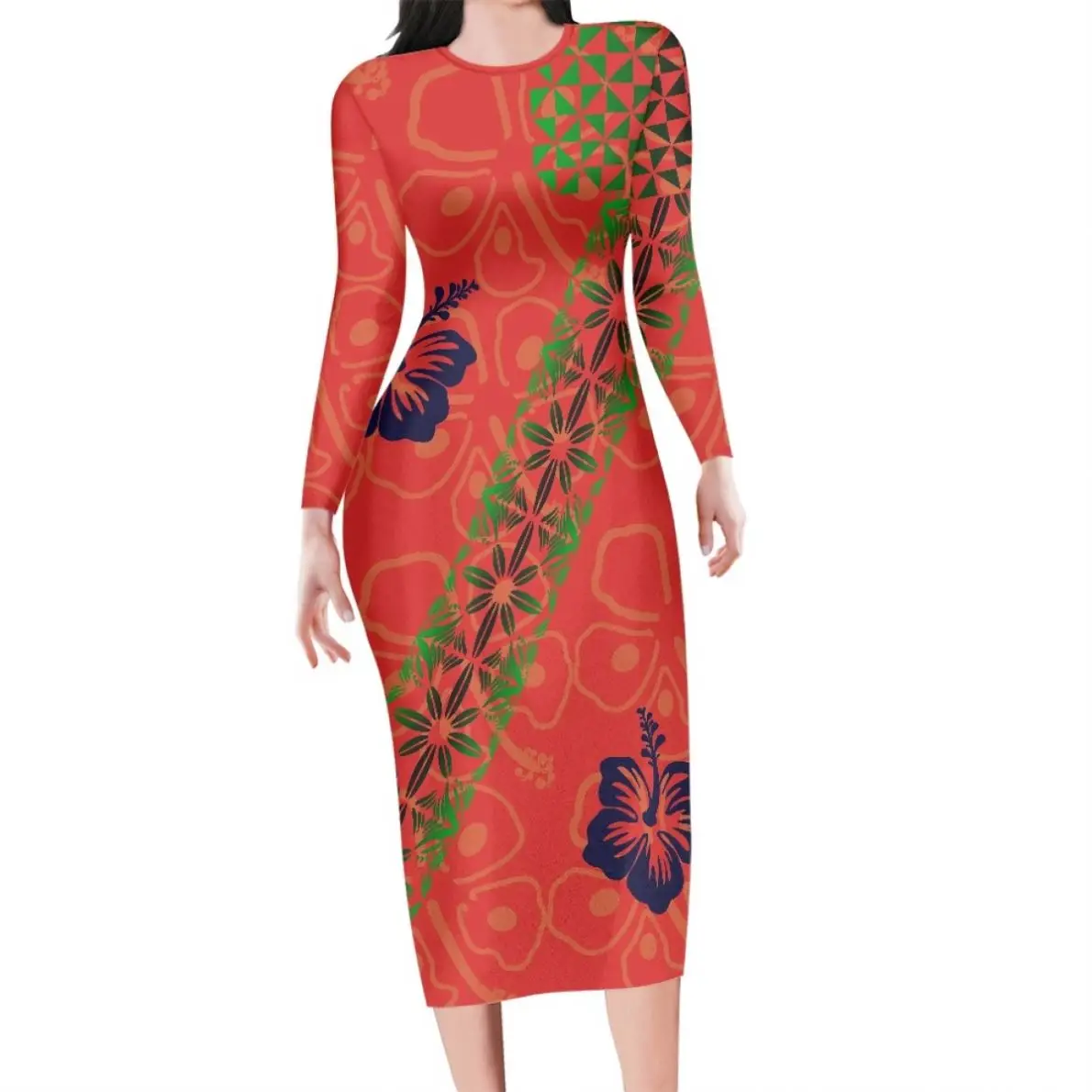 Woman Long Sleeve Bodycon Dress Polynesian Tribal Fiji Flower Print  Women Club Dresses Sexy Custom Plus Size Dress For Woman