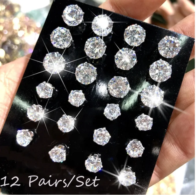 Wholesale Gold Silver Earrings Cheap Shiny Cubic Zirconia Ear Stud Gold Plated Simple Earring 8mm 7mm 6mm 5mm 4mm 3mm