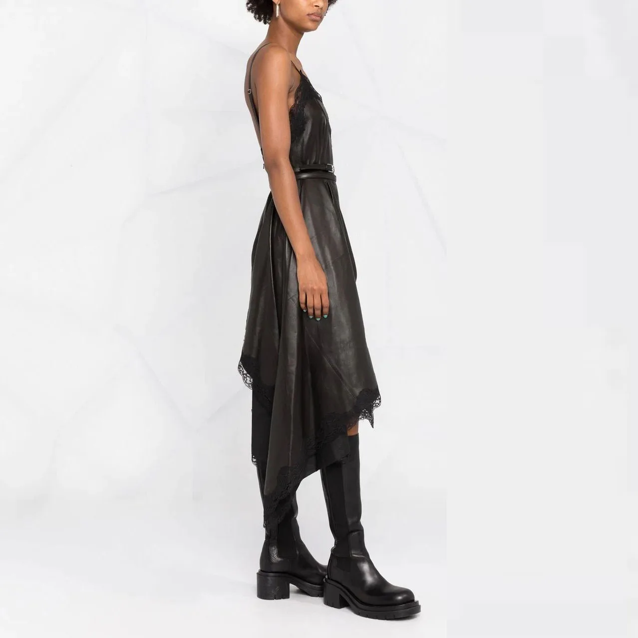 OEM Fashionable Strap V Neck Waist Brand PU Backless Women Party Asymmetric Lace-trim Mini Black Leather Dress