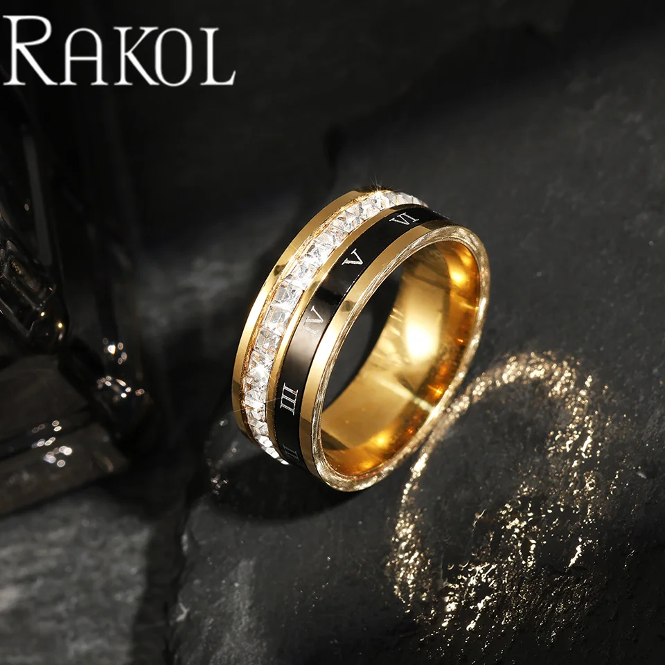 RAKOL ZPR1449 Korean Version Cross-border Full Set Zircon Rotatable Roman Numeral Stainless Steel Ring