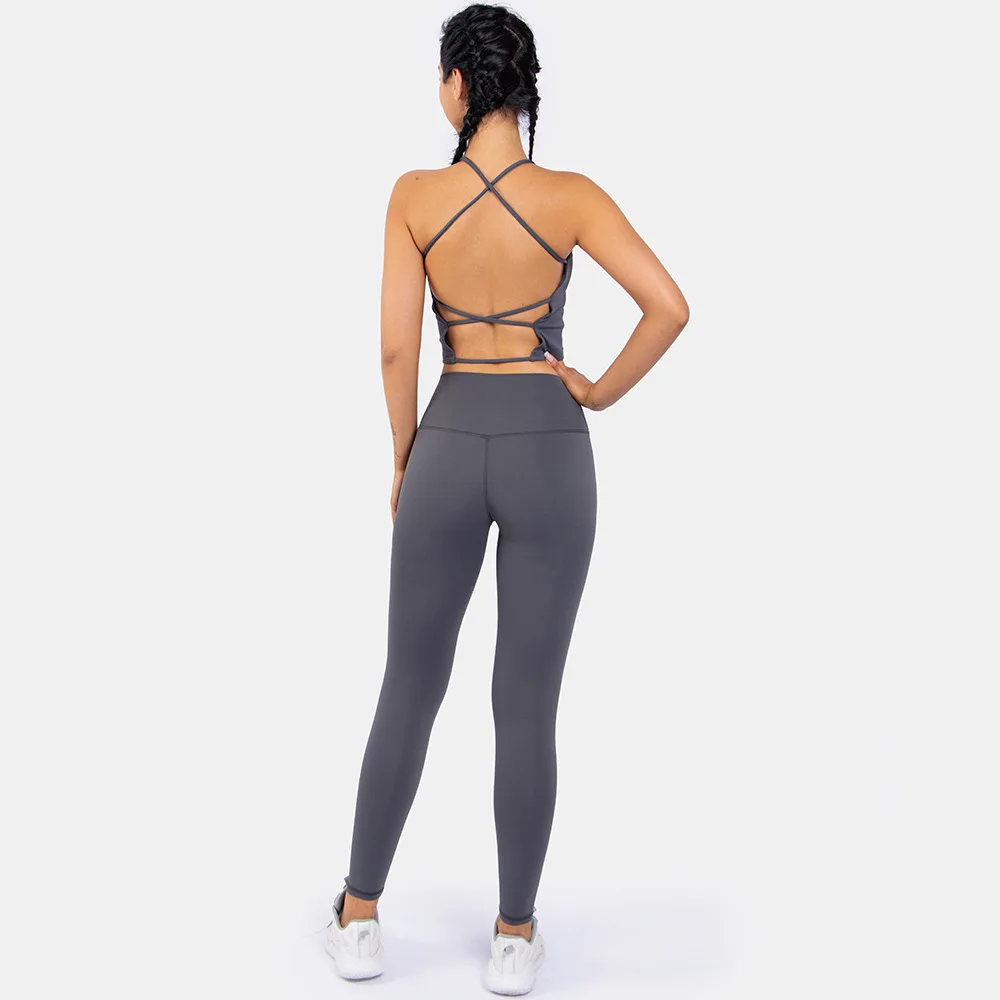 High Quality Compression Sexy Backless Soprts Bra Gym Leggings Yoga Fitness Set Women Nude Feel Active Wear
