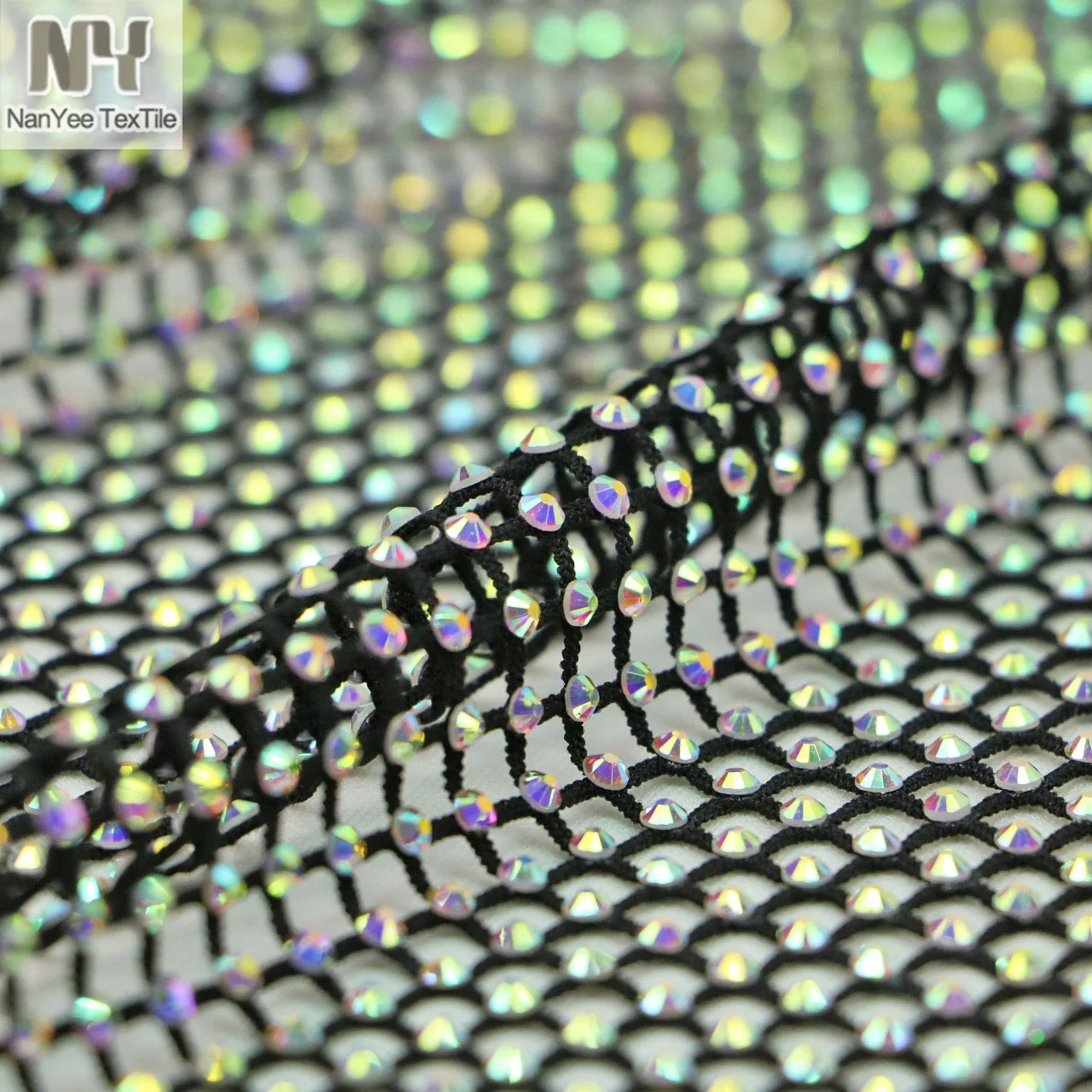 Nanyee Textile Luxury AB Colorful Stretch Foiled Rhinestone Mesh Fabric