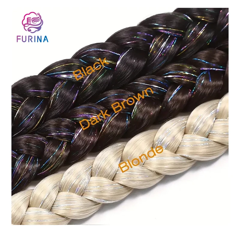 Furina synthetic braided premium heat resistant 30 inch 34 inch tinsel hair ponytail with rubber band hair ring for women