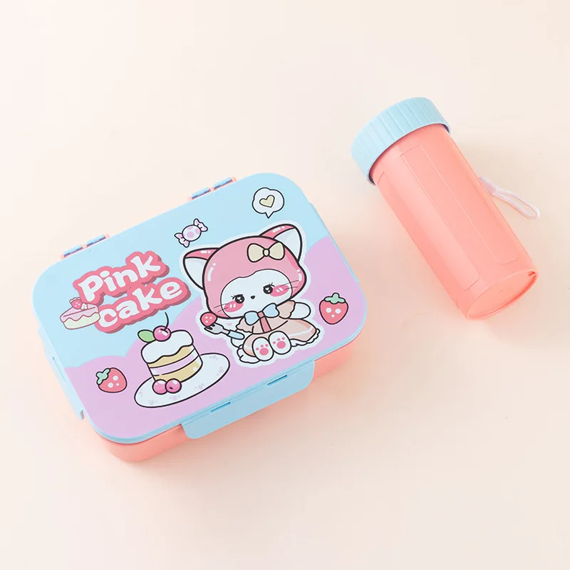 AMZ Cute Microwave Safe Plastic Flip Lid Student Bento Box Water Bottle Set cartoon Office Portable Compartmentalized Lunch Box