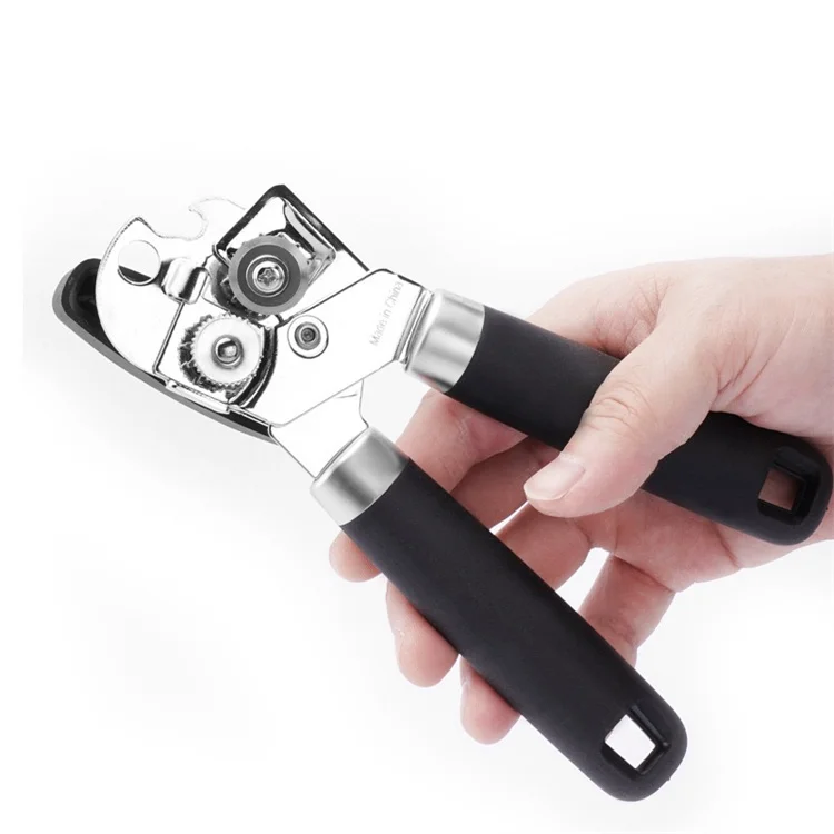 Easy Grip Effort Saving Knob Heavy Duty Black Stainless Steel Handheld Can Tin Opener Smooth Edge with Sharp Blade