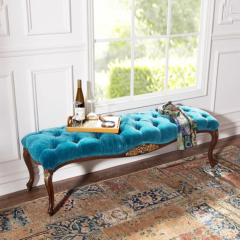 American country solid wood carved fabric bed tail stool European retro velvet shoe changing stool clothing store rest stool