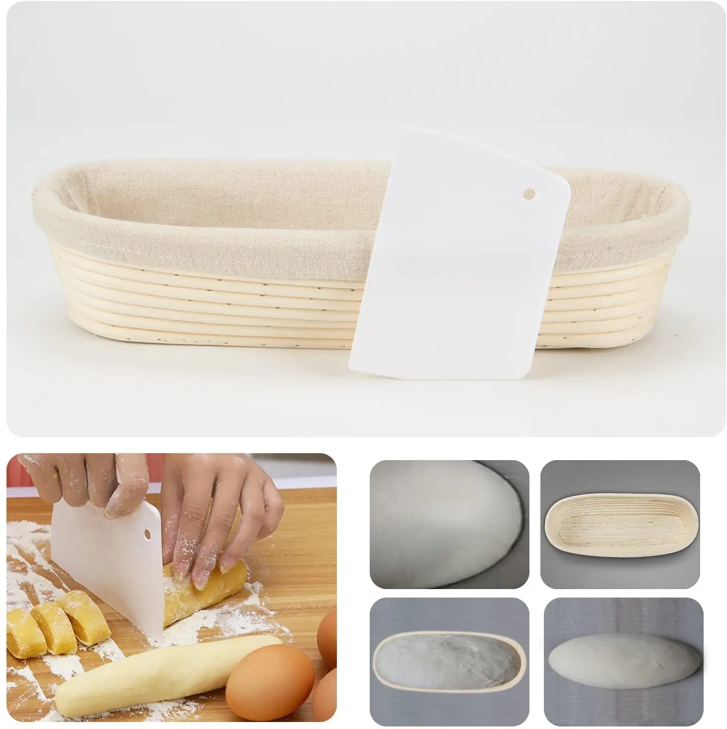 Custom Pack of 2 9inch 13.8inch oval baguette bread proofing basket kit sets with plastic scraper oil brushes stencils