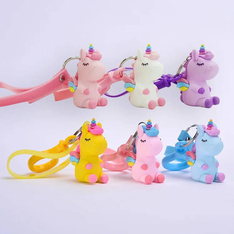 Cute 3d anime figure keychains custom pvc silicone animal rainbow horse shape design girls children pendant keychain for bag