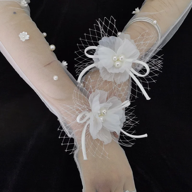 2022 Elegant Bowknot Jacquard Wedding Full Finger Long Glove  Pearl Lace Fabric Bridal Gloves for wedding party