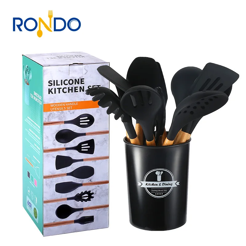 Wholesale 12 Pieces In 1 Set Silicone Kitchen Cooking Tools Stand Kitchenware BBQ Eco Silicone Wooden Kitchen Utensils