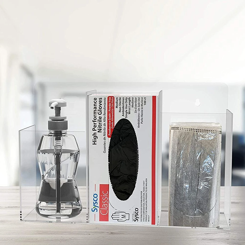 3 Compartment Acrylic Hygiene Sanitation Station with Screw Wall Mount Portable Acrylic Box Holder for Face Masks Hand Sanitizer