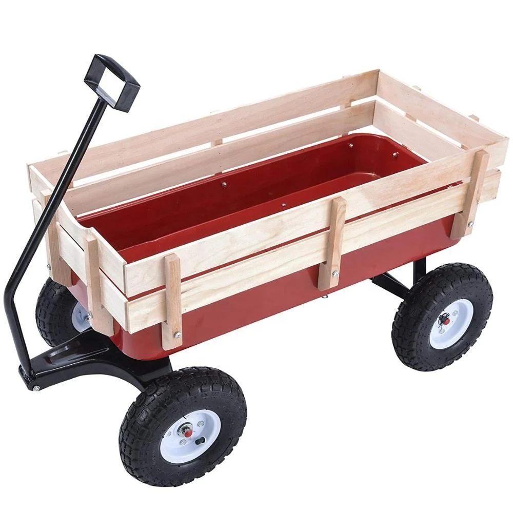 Red Outdoor Wagon ALL Terrain Pulling Children Kid Garden Cart w/ Wood Railing