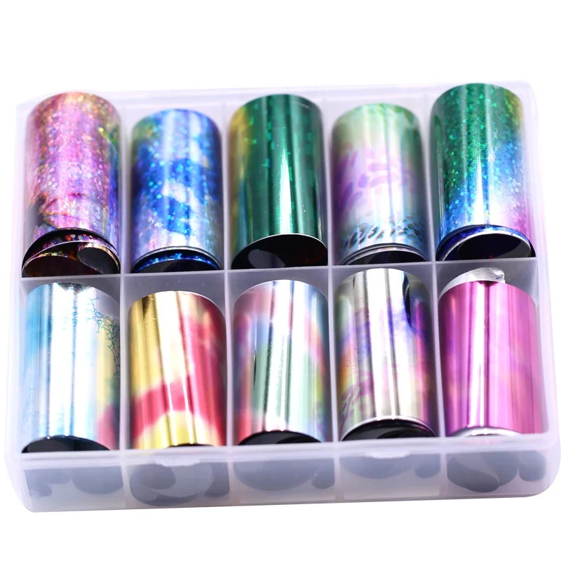 10 дизайнов/набор 4,0*100 см голографический ногтевое искусство, переводные наклейки фольги бумага Звездное AB цвета УФ гель для обертывания