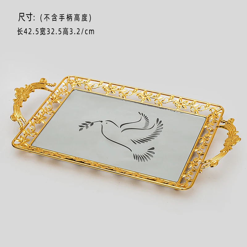 Rectangle Dove Ornament Arabic Style Luxury Wedding Gold Metal Fruit Serving Glass Vanity Mirror Bottom Tray with Handles