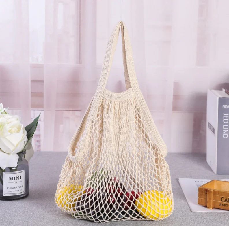Wholesale Pull Reusable Printed String Vegetable Fruit Grocery Produce Shopping Crochet Tote Fish Mesh Net Cotton Bag with Logo