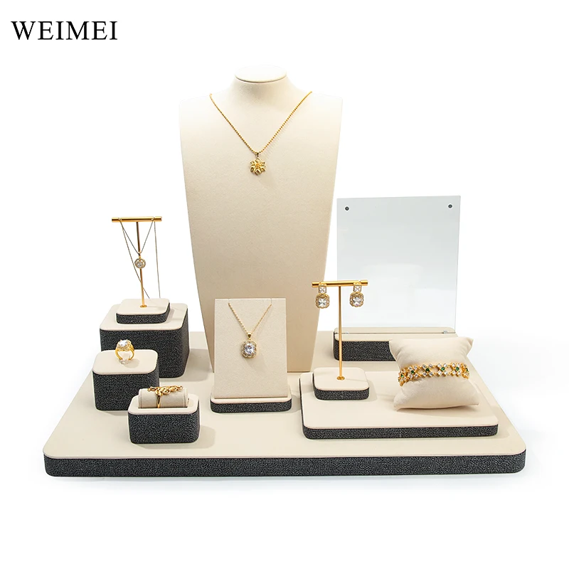 WEIMEI golden microfiber Beige jewelry display props jewelry stand set necklace ring display display stand