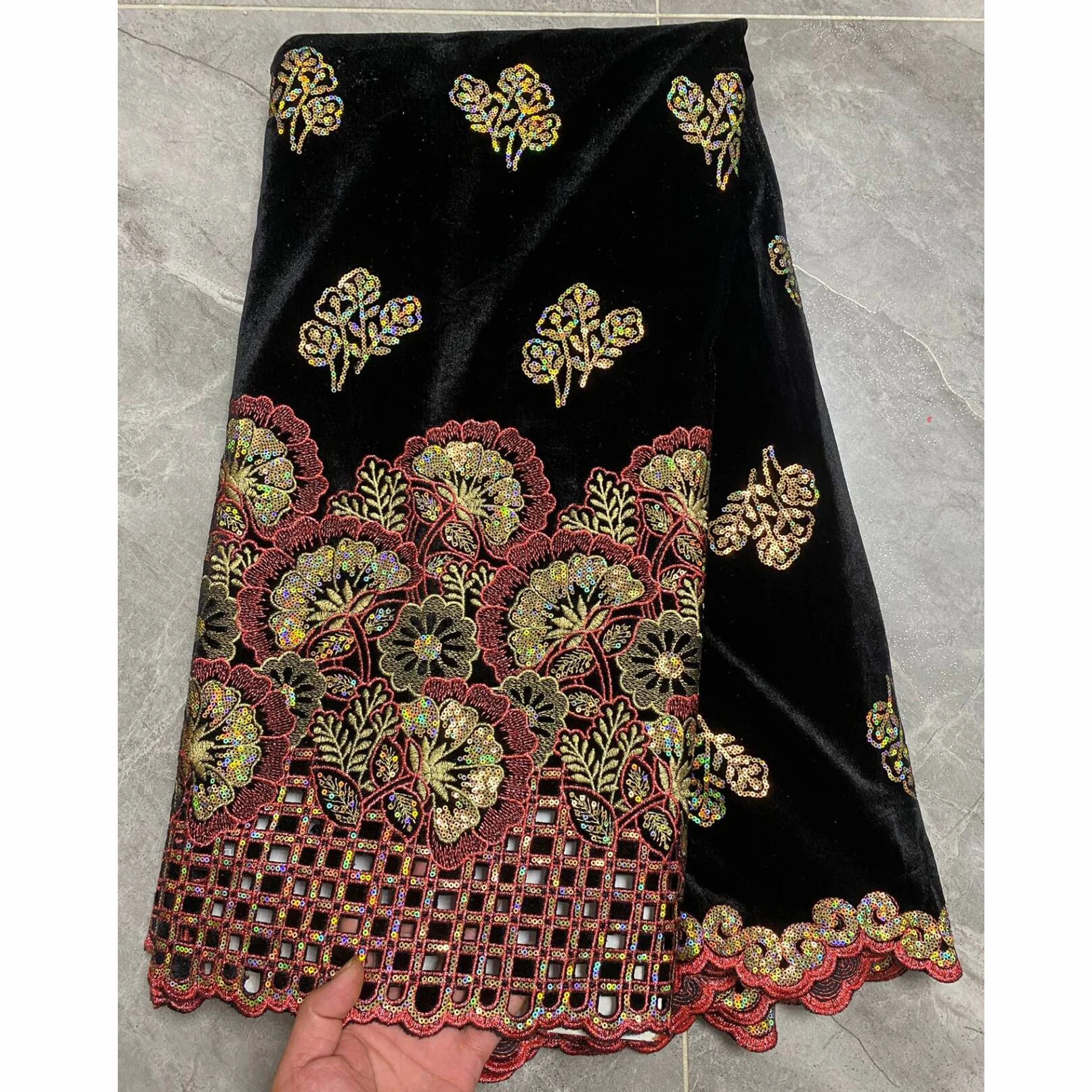 Luxury velvet sequin lace high quality lace fabric velvet embroidery sequins velvet lace fabric