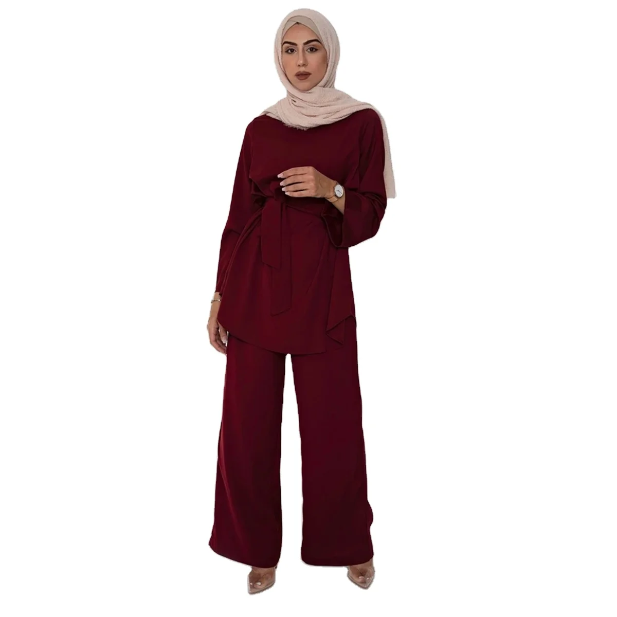 Hot Sell Fasion Soft Crepe Material Design Middle East Muslim Thobe Dubai Set Clothing Women
