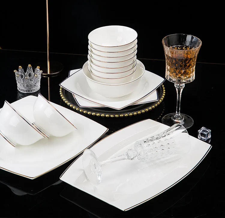 Jingdezhen Ceramic Dish Set Of Hand-Painted Gold Tableware Sixty Square Plate Set Modern Ceramic Tableware Set
