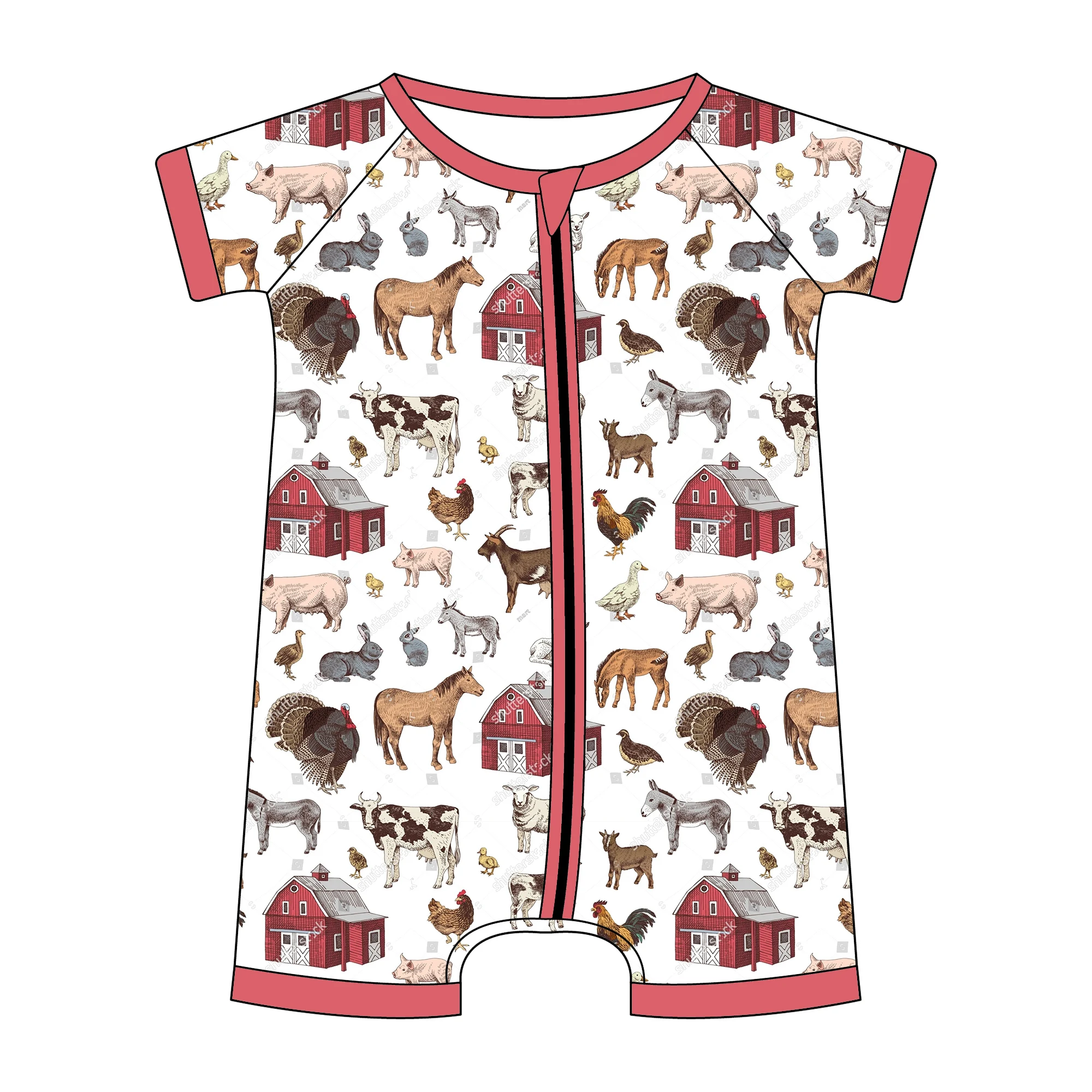 2023 design baby boy girl Bamboo Fabric farm pig horse pattern Long Sleeve Zip Romper custom size Unisex Infant Onesie