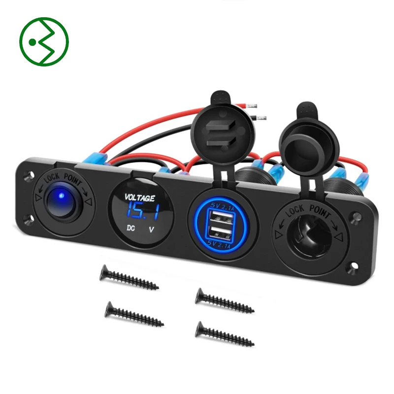 4 in 1 ON/OFF Charger Socket Panel Dual USB Socket Power Outlet & LED Voltmeter &Cigarette Lighter Socket& LED Lighted ON/Off