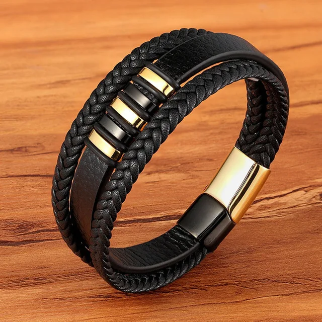 Hot Sale Gold Plated Genuine Bracelet Collier Inoxydables PVD Plated Stainless Buckle Mens Multi Layer Braided Leather Bracelet