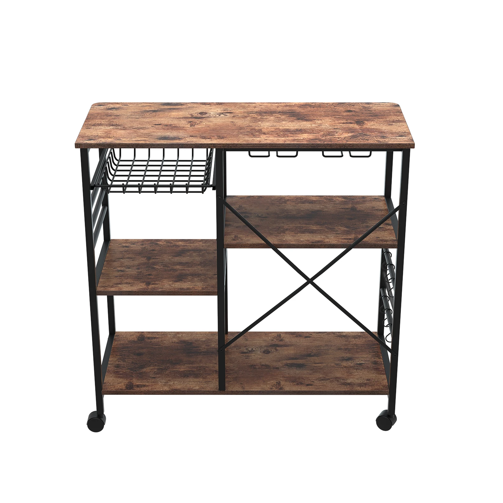 Kitchen Shelf Microwave Oven Rack Board with 6 Hooks and 4 Removable Stop Wheels Suitable for Kitchen/Home Office/Bathroom