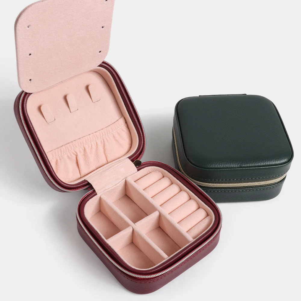 Retro Red Green PU Leather Small Jewelry Organizer Mirror Ring Earring Jewellery Travel Case