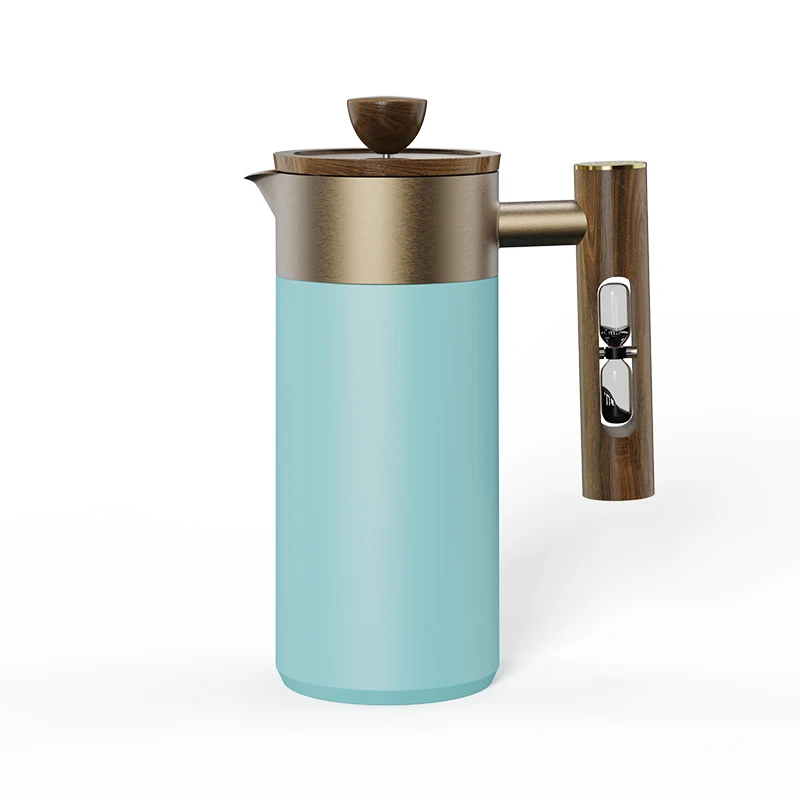 DHPO New Design Ceramic Commercial Cafe French Press Set With Wooden Handle Hour Glass Timer 304 Stainless Steel Plunger