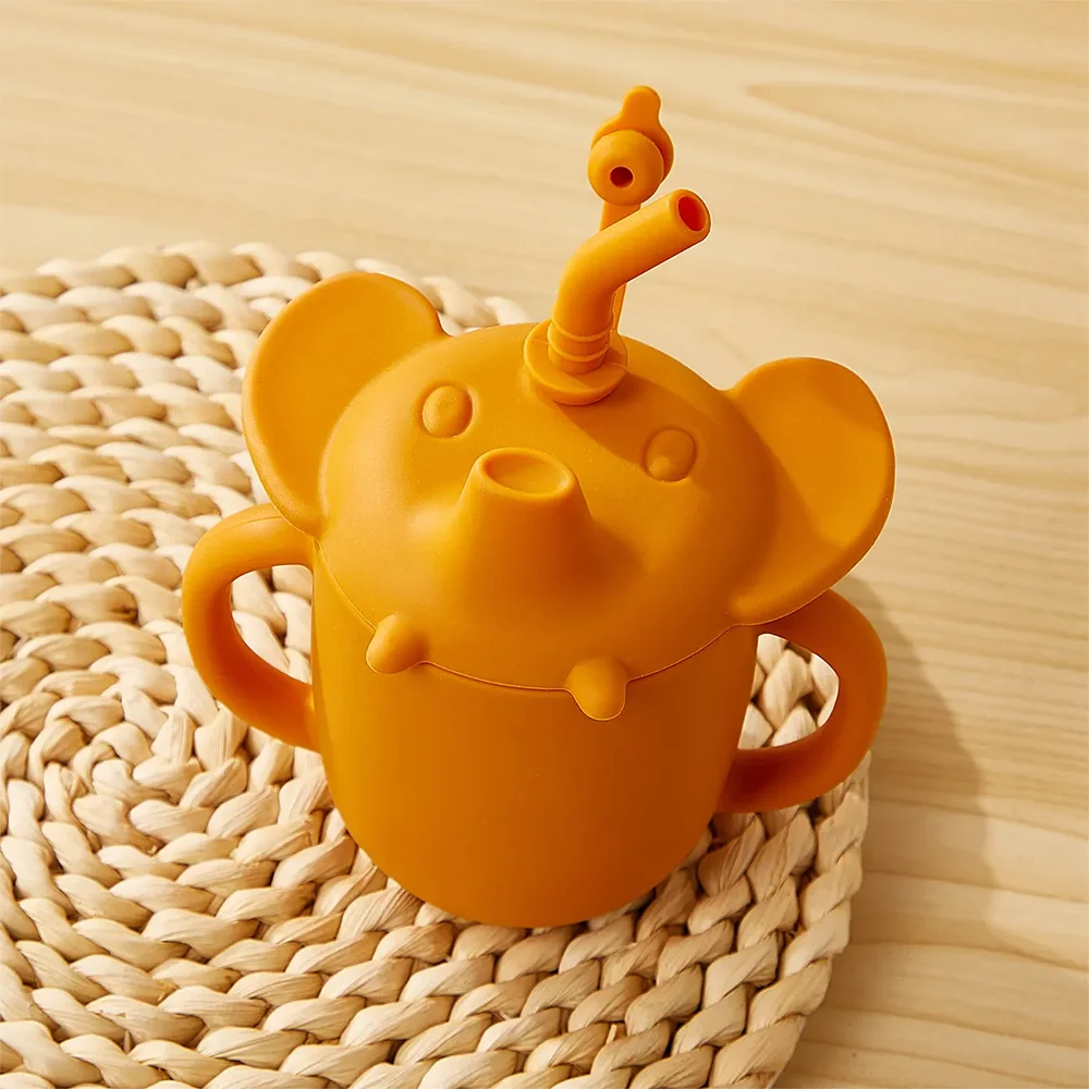 Cute Elephant Shape Baby Water Bottles Food Grade Silicone Kids Water Cups with Straw