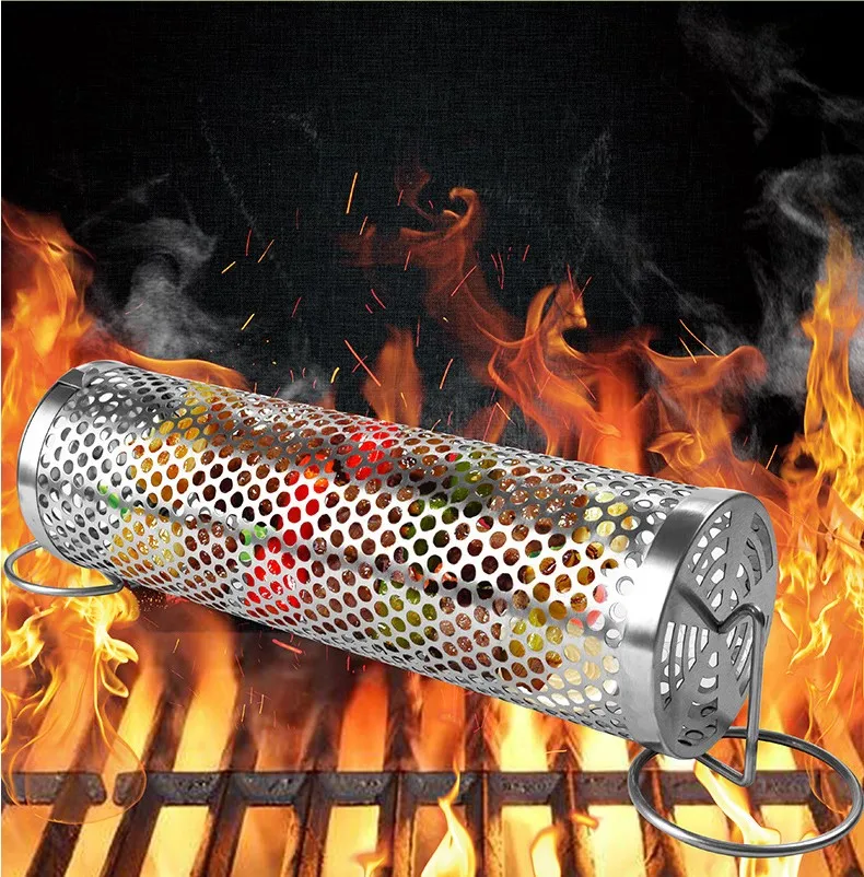 Portable New Design  Round Tube Cylinder Rolling Grilling Basket Stainless Steel Grill Mesh Useful Rolling Grilling Basket
