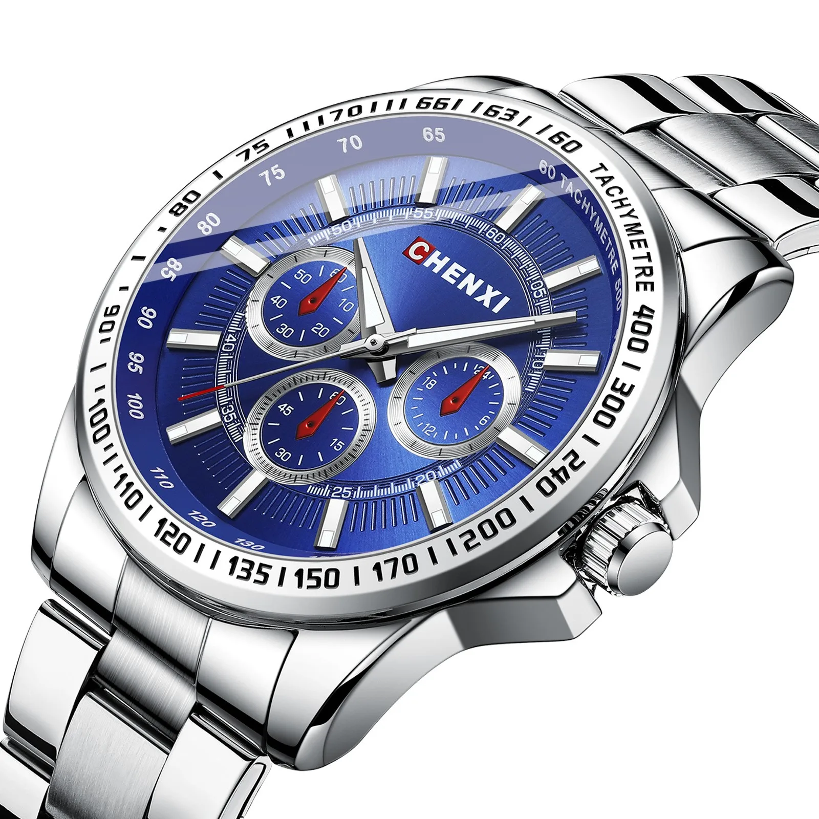 CHENXI 014 Watch For Men Hot Selling Fashion Stainless Steel Quartz Watches Sport Waterproof Luminous Silver Blue Mens Bracelet