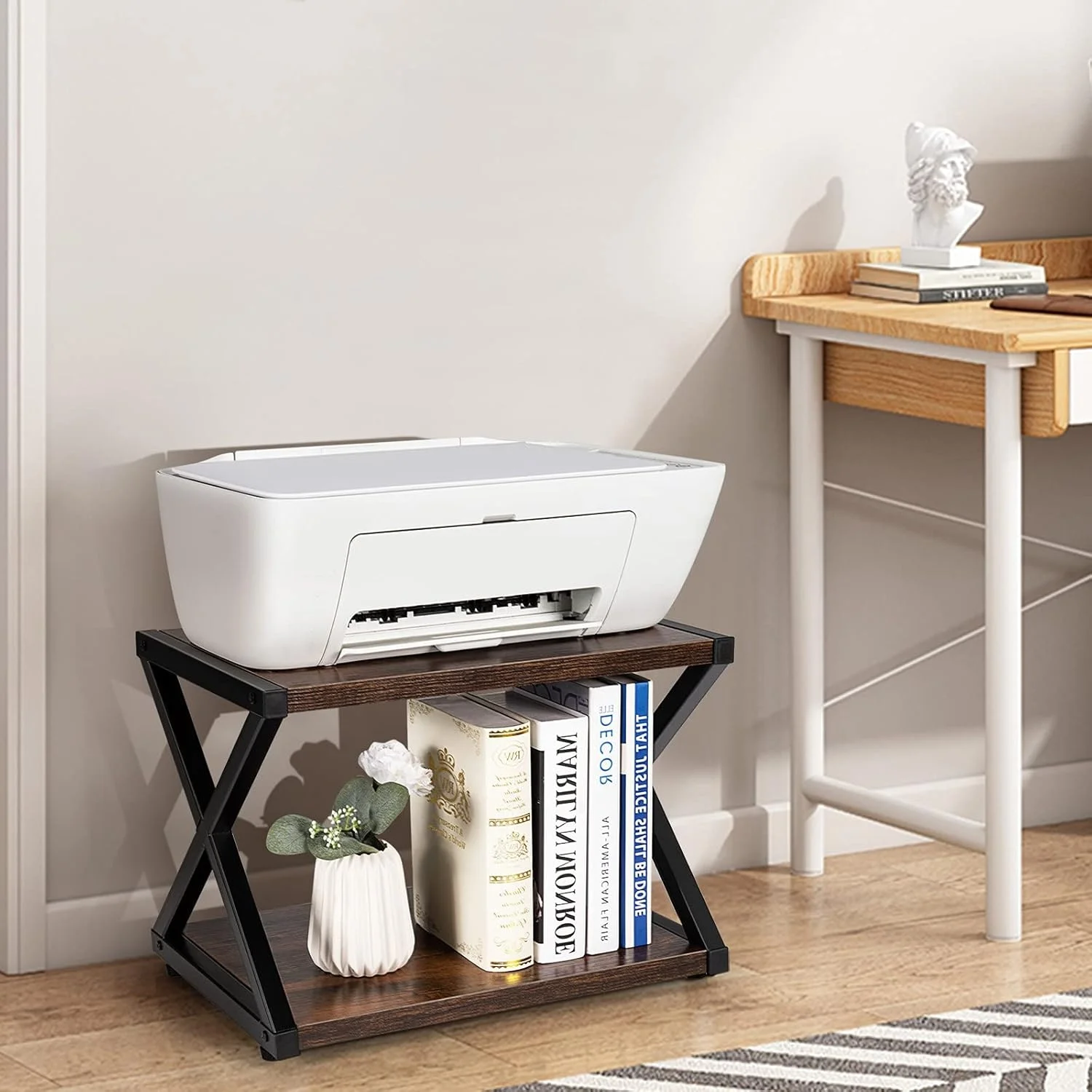 2-Tier Desktop Printer Stand Wood Storage Book Shelf 4 Adjustable Anti-Skid Pads X-Shaped Tabletop Storage organizer Office