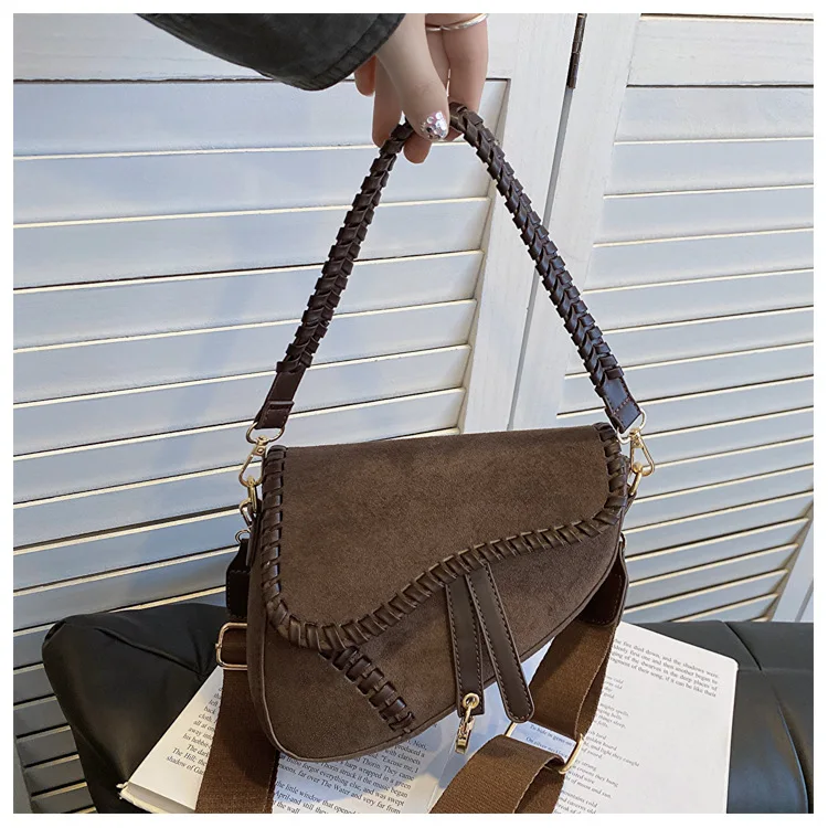 women fashion minimalist new Korean style retro handbags wide shoulder strap crossbody braided saddle bag