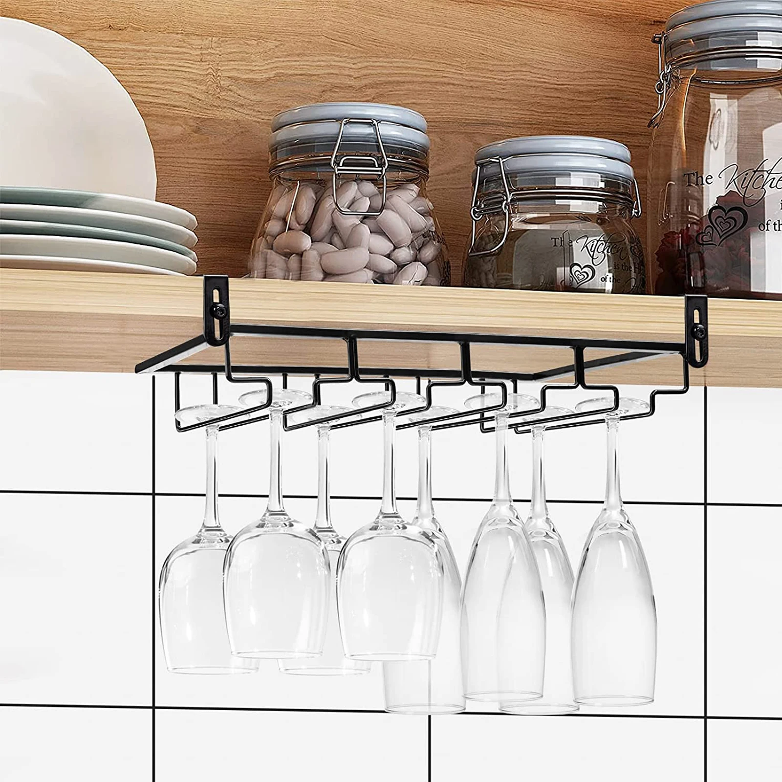 Punch-Free 4 Rows Stemware Wine Glass Metal Holder Adjustable Wine Glass Rack Under Cabinet