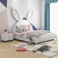 Cute Pink Bunny Ears Design Children Beds Solid Wood Double Kids Beds Cartoon Animal Shape Bedroom Furniture