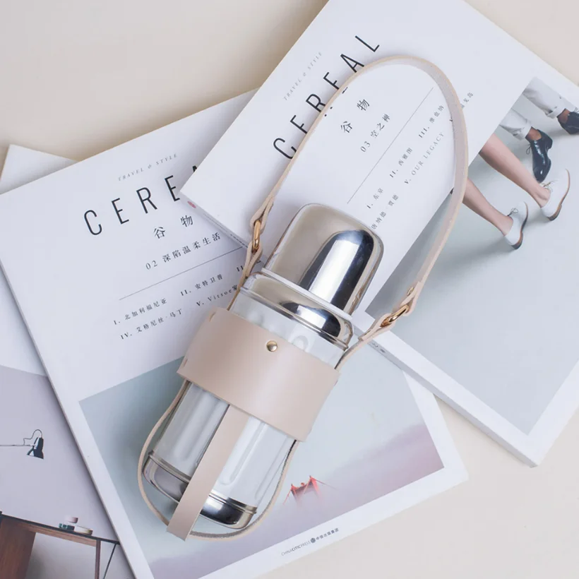 Retro Japanese Style PU Leather Cup Sleeve Portable Water Bottle Holder 500ML Cup Holder for Thermos
