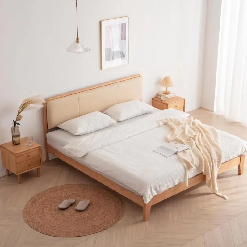 Modern Style Nordic Bed  Solid Wood Home King Bed Minimal Design Wooden Bed