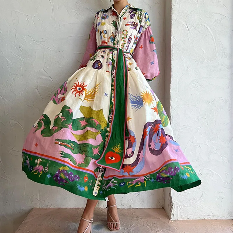 Summer Floral Print Casual lapel Neck Puff long Lantern Sleeve Ruffled Women dress Irregularity long Dress with belt For Women