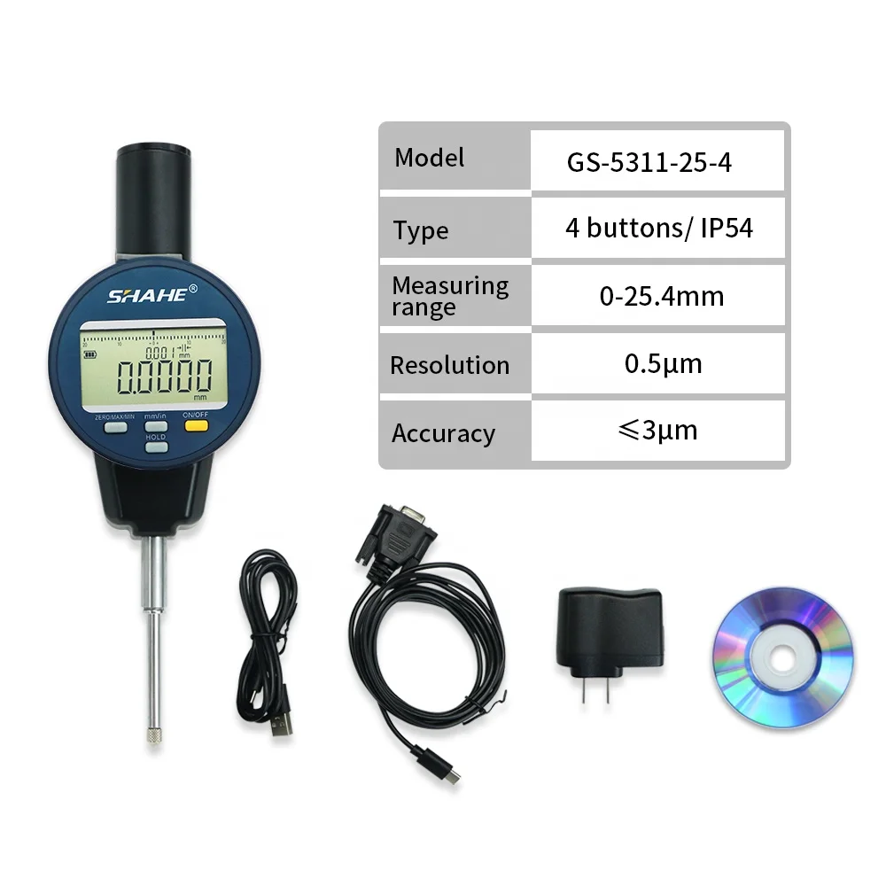 SHAHE NEW Metric/Inch 0-25.4 mm 0.0005mm Electronic Indicator with Rechargeable Battery Waterproof Digital Dial Indicator